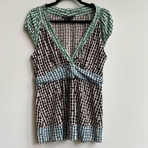 BCBGMaxazria Women's Cap Sleeve Polka Dots Empire Cut Multicolor Top Size L
